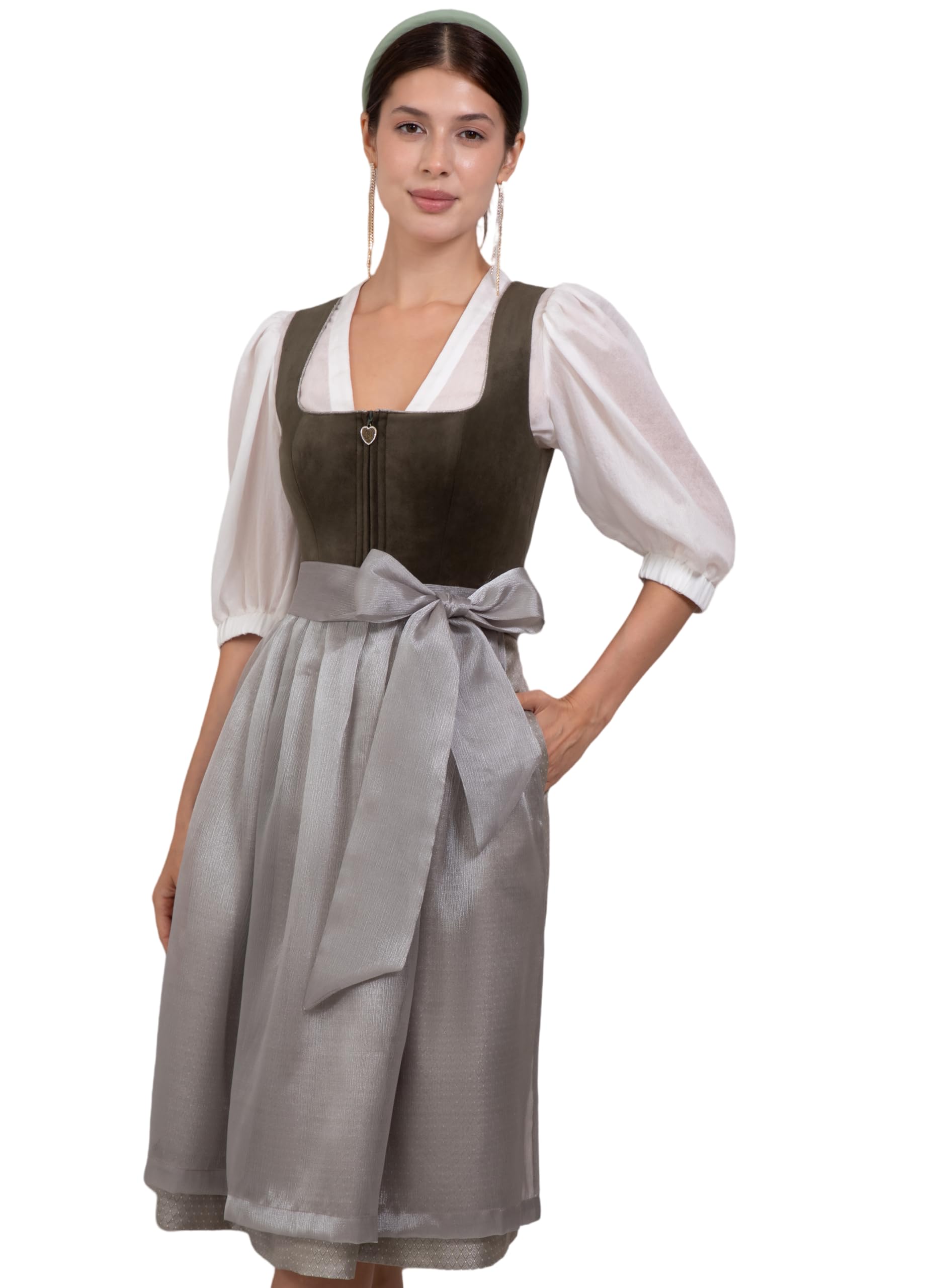 Damen Dirndl Moosgrünes/Grün 65cm/70cm,Elegant (Ohne Dirndlbluse) | Dirndl Grün,Dunkelgrüne,Velours-Mieder,mit Samt,Trachtenmode,Eckiger Ausschnitt,Dirndl Lang,für Oktoberfest Größe 36-44