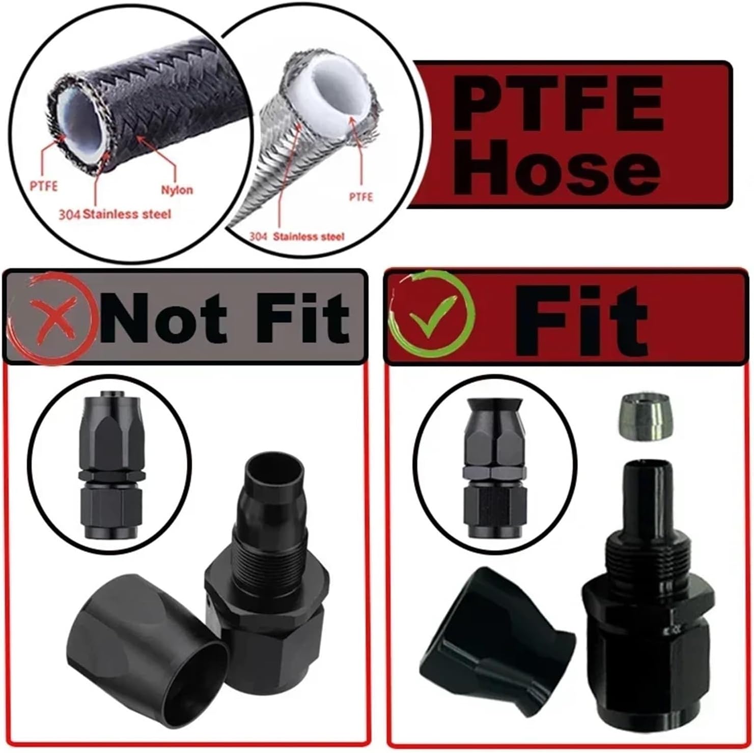 0.5M/1M/1.5M/2M 3AN 4AN 6AN 8AN 10AN E85 PTFE Fuel Hose Oil Gas Cooler Line Turbo Pipe Brake Tube 304 Stainless Steel Braided(1M AN6 ID8.13mm)