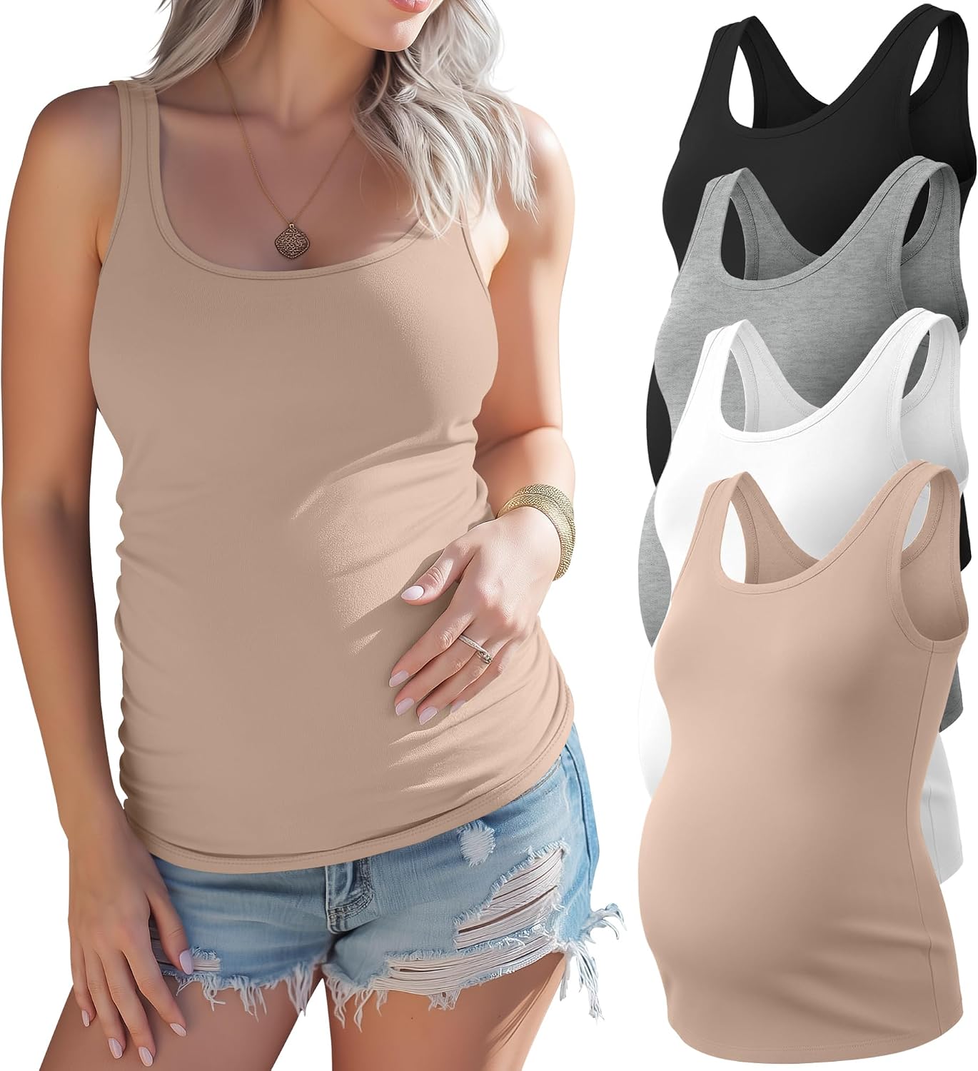 Xaatren 4 Pack Women's Maternity Tank Tops Pregnancy Sleeveless Shirts Camisole Scoop Neck Silm Fit Tops Casual Summer Tees