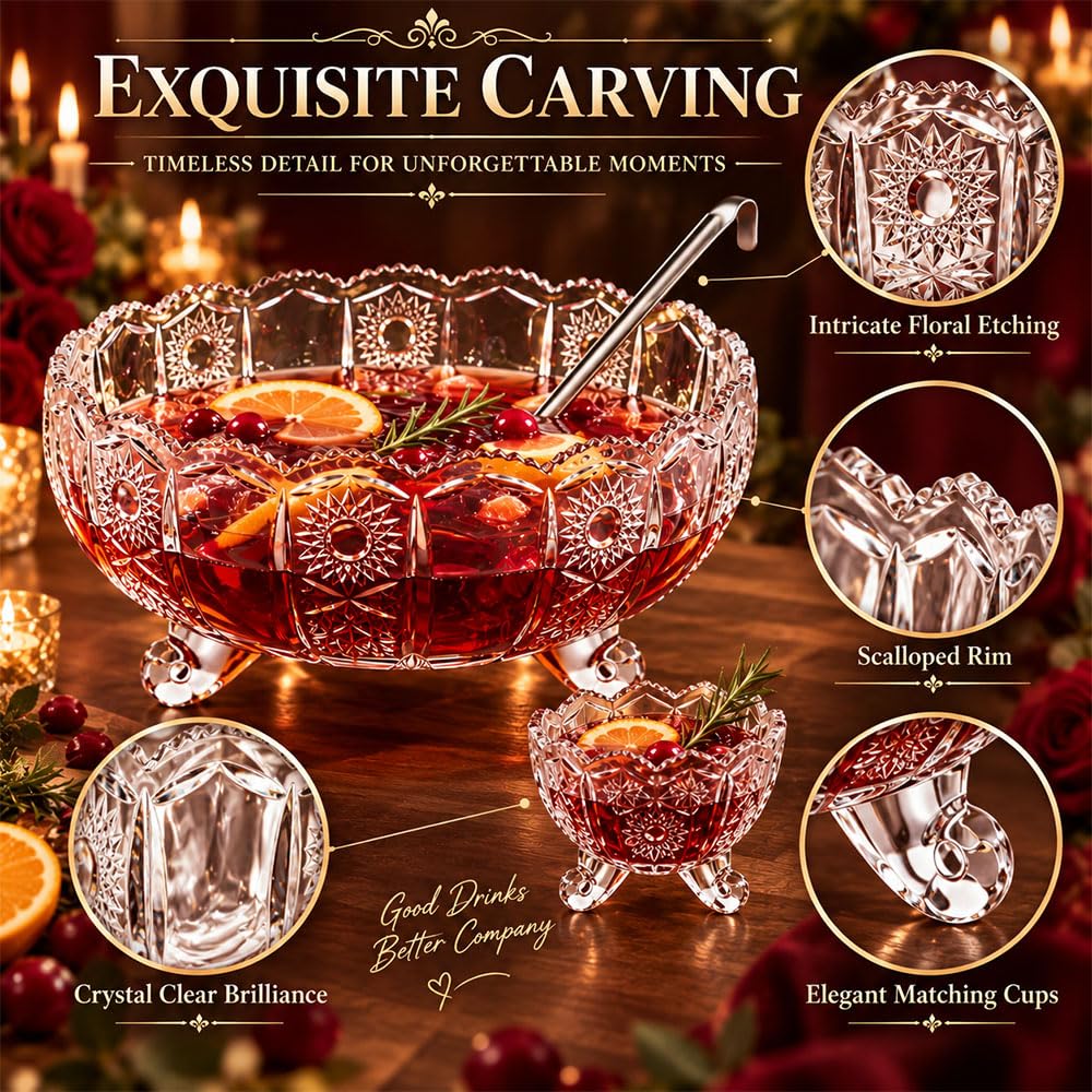 Vintage-Bowleschale aus Kristallglas mit Reliefdekor und 4 Tassen, Bowleschale mit Schwerem Boden (3800 ml), Bruchsicheres Klarglas, für Sangria, Cocktails, Eistee und Obstsalat