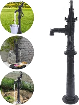 Antique Hand Operated Water Pump, Cast Iron Vintage Hand Operated Kettle Pump with Raised Base for Well Hand Operated Water Pump for Outdoor Home Garden Patio Pond Farm