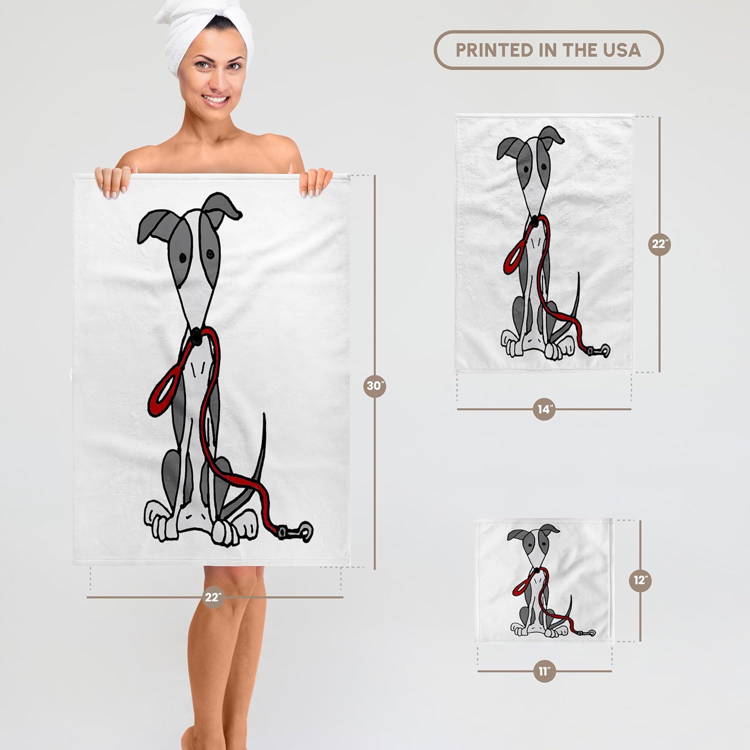 3dRose Cute Funny Grey and White Greyhound Dog with Leash 22x30 Bath Hand Pool Towel