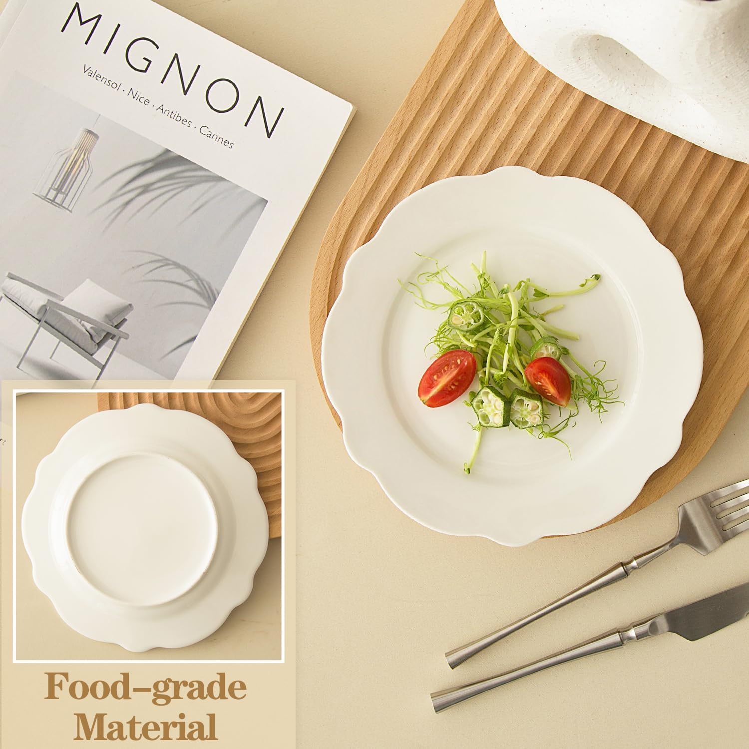 7.5 Inch Porcelain Small Dinner Plates Set of 12, White Leave Wave Rim Appetizer Plates, Dessert Salad Plates, Ceramic Serving Dishes for Cake, Snack, Ice Cream, Waffles, Microwave, Dishwasher Safe