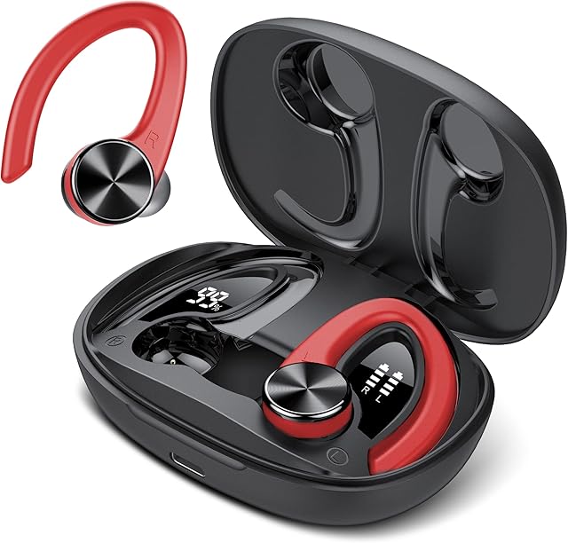 Wireless Earbuds, Bluetooth Headphones with Deep Bass, Bluetooth 5.3 Earphones with LED Display, 45H playtime, IPX7 Waterproof, Touch Control, Over Ear Earphones for Running Workout Sports Gym Red