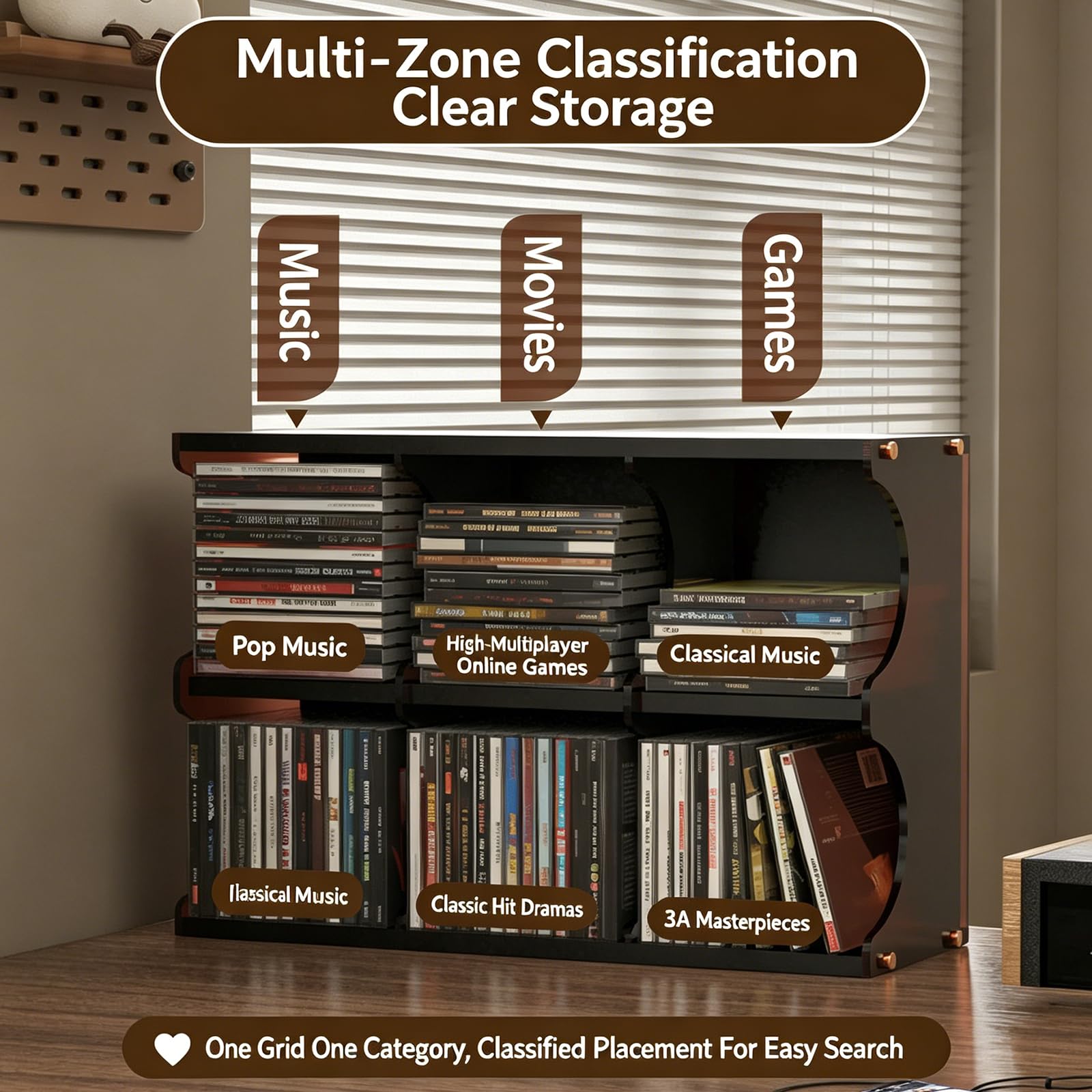 Mobiletto porta CD, a 6 scomparti, organizer a 2 ripiani per 60 CD, facile da installare, mobili in legno per album, giochi, cassette e oggetti da collezione