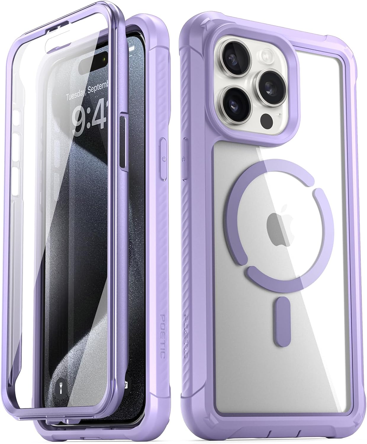 Poetic Guardian MagPro Case for iPhone 15 Pro Max 6.7 Inch,[Compatible with MagSafe][20 FT Mil-Grade Drop Tested] Full-Body Shockproof Rugged Clear Cover with Built-in Screen Protector, Purple/Clear