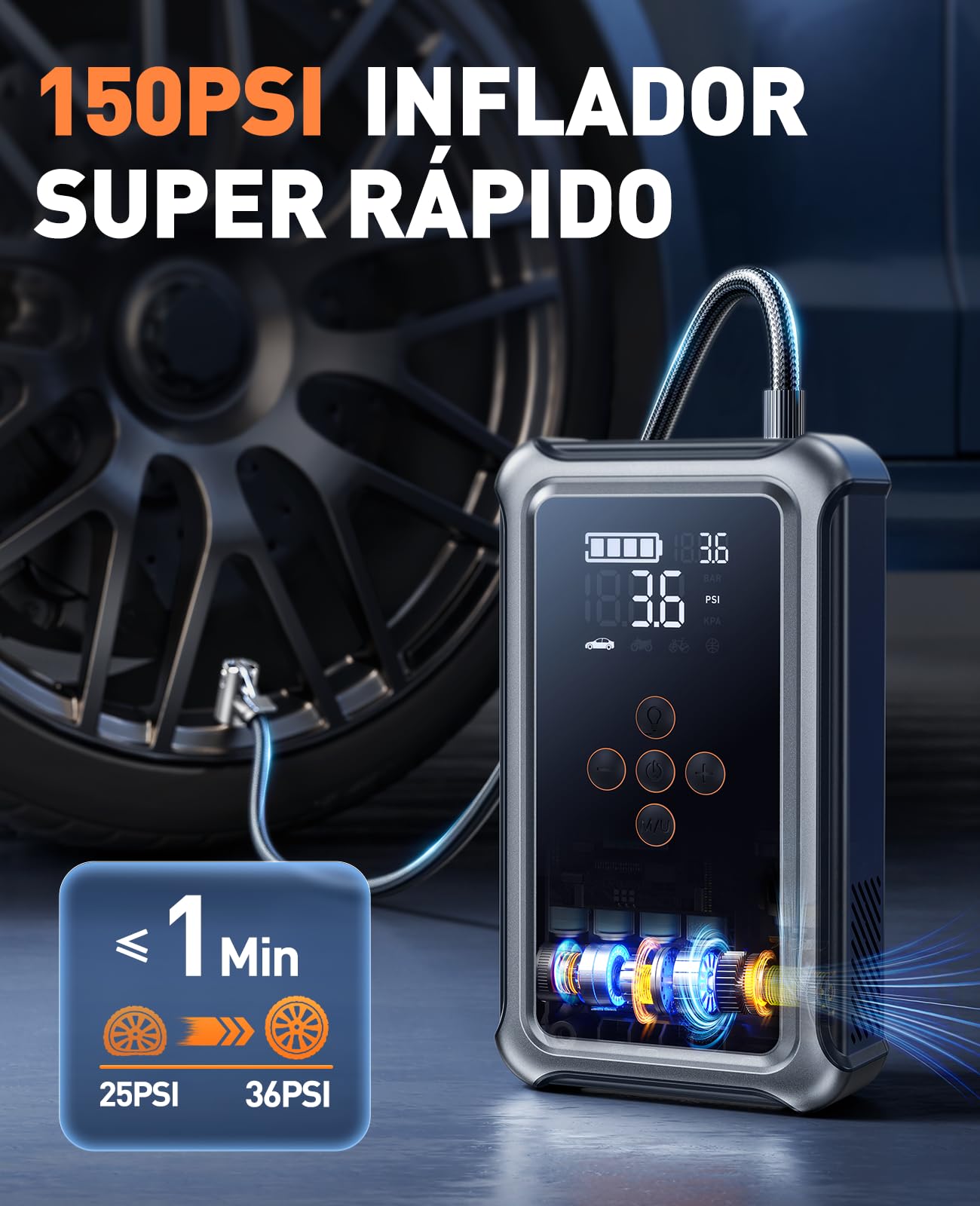 Arrancador de Baterías de Coche 5000A con Compresor de Aire 150PSI, Arrancador de Coches 12V con Función BOOST de Arranque Forzado, Linterna 3 en 1, Pantalla Grande(para All Gas o 10L Diesel)