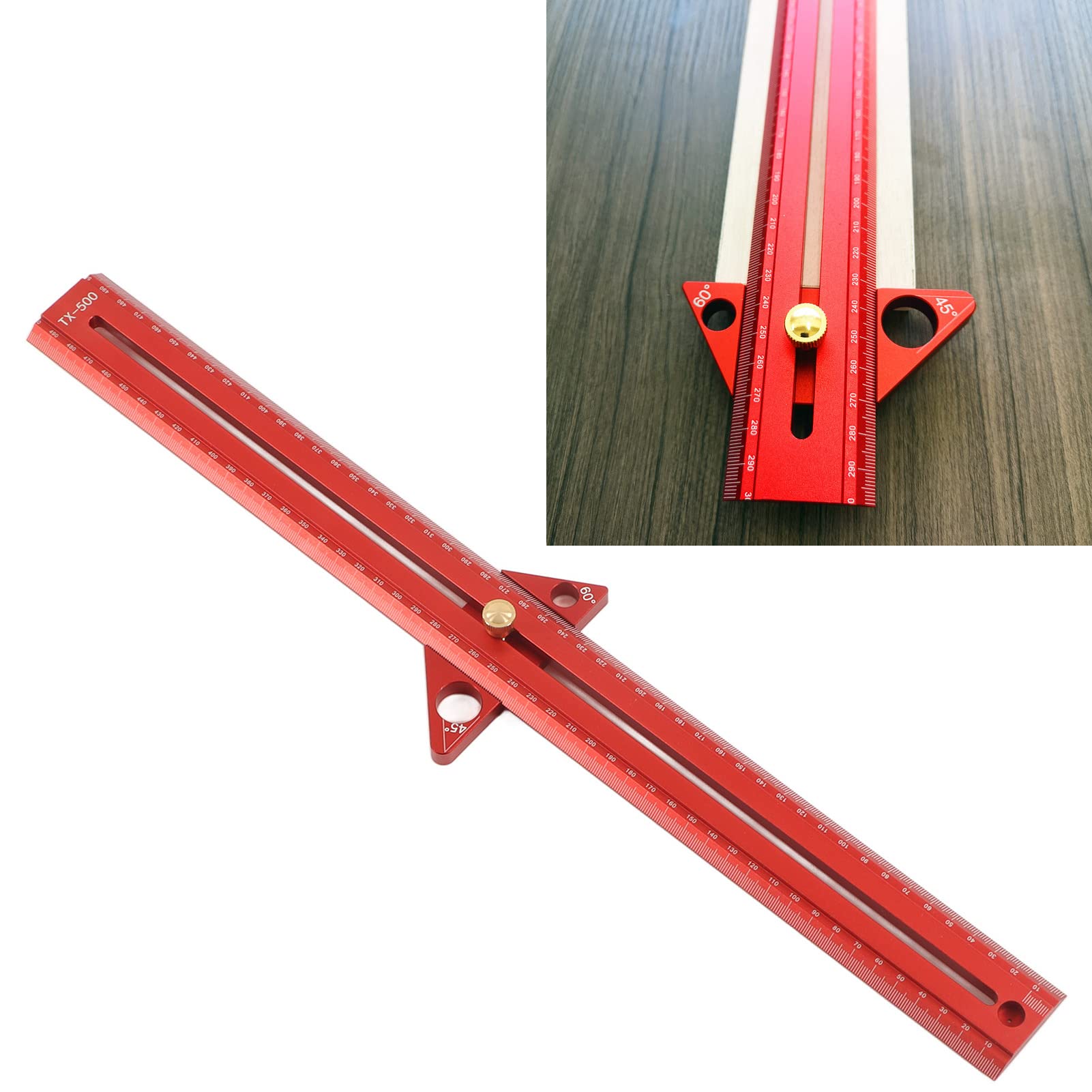 Omabeta Linijka T do Obróbki Drewna Wielofunkcyjne Przenośne Narzędzie Pomiarowe ze Stopu Aluminium dla Stolarzy Czerwony 1 Szt (50cm)