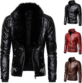 QOAAIE Men's Detachable Fur Collar Leather Jacket Spring Fall