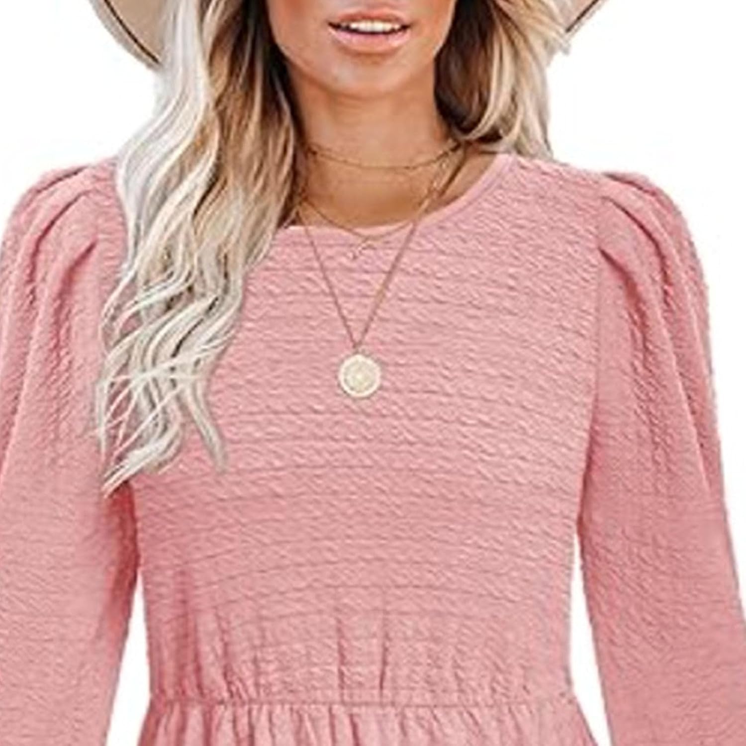 Generic Womens Spring Round Neck Dress Ruffle Elegant Empire Waist Mini Swing Dresses Casual Long Sleeve Smocked Beach Dress