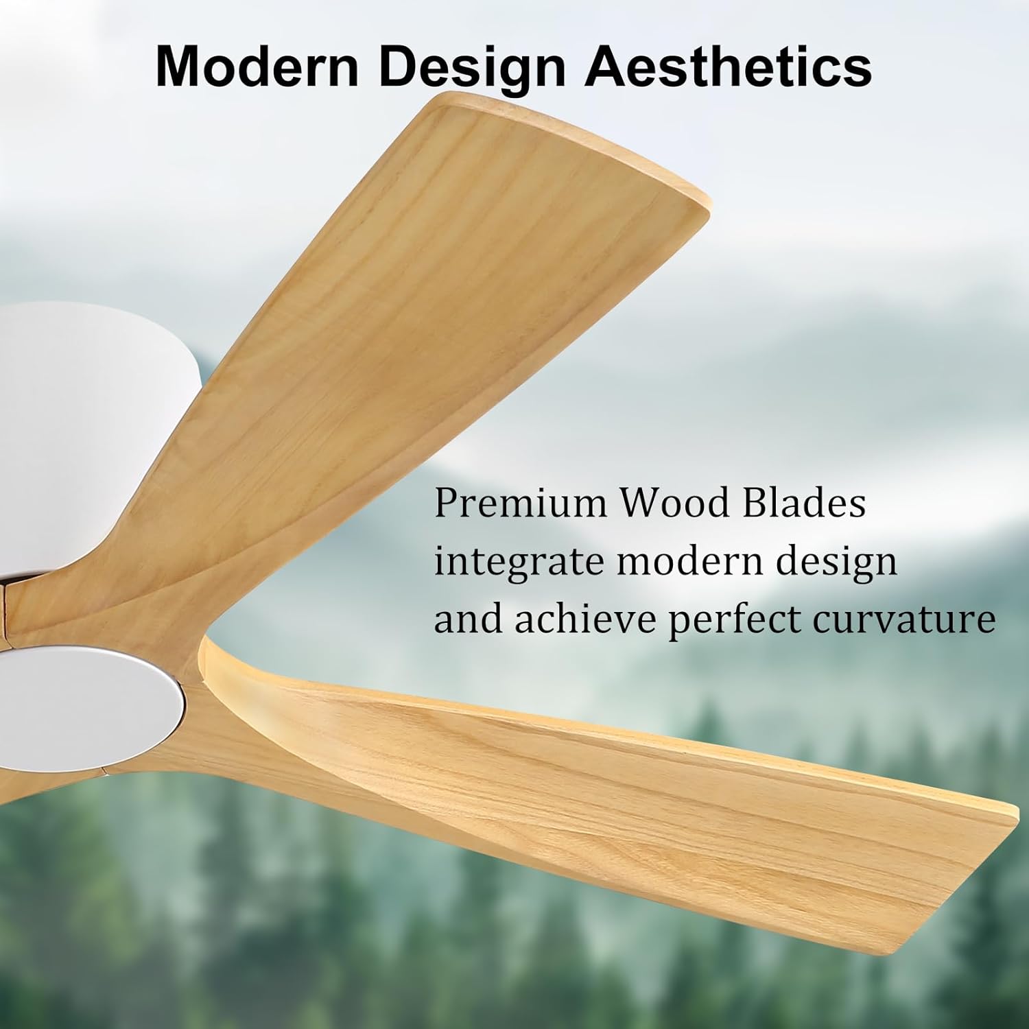 WINGBO 48 Inch Ceiling Fan Without Light, Solid Wood Flush Mount Ceiling Fan with Remote Control, Reversible DC Motor, 4 Blades,6-Speed Quiet Performance, for Bedroom & Living Room,White+Light Wood