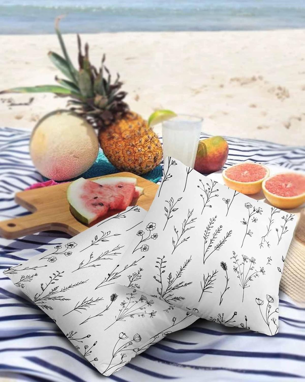 Outdoor Throw Pillow Cover Abstract Art Flower Line Texture Waterproof Cushion Covers 2 Pack Black Floral Leaves Sketch Pillow Cases Home Decoration for Patio Garden Couch Sofa