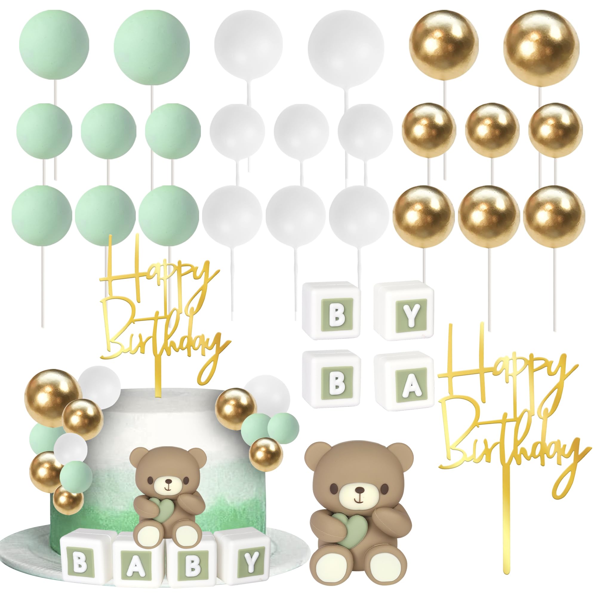 SYKYCTCY 32 Pack Baby Shower Bear Cake Toppers Letter White Foam Balloon Cupcake Picks Love Heart Stars DIY Decorations for Boy Girl Birthday Party Gender Reveal Theme Birthday Party Supplies