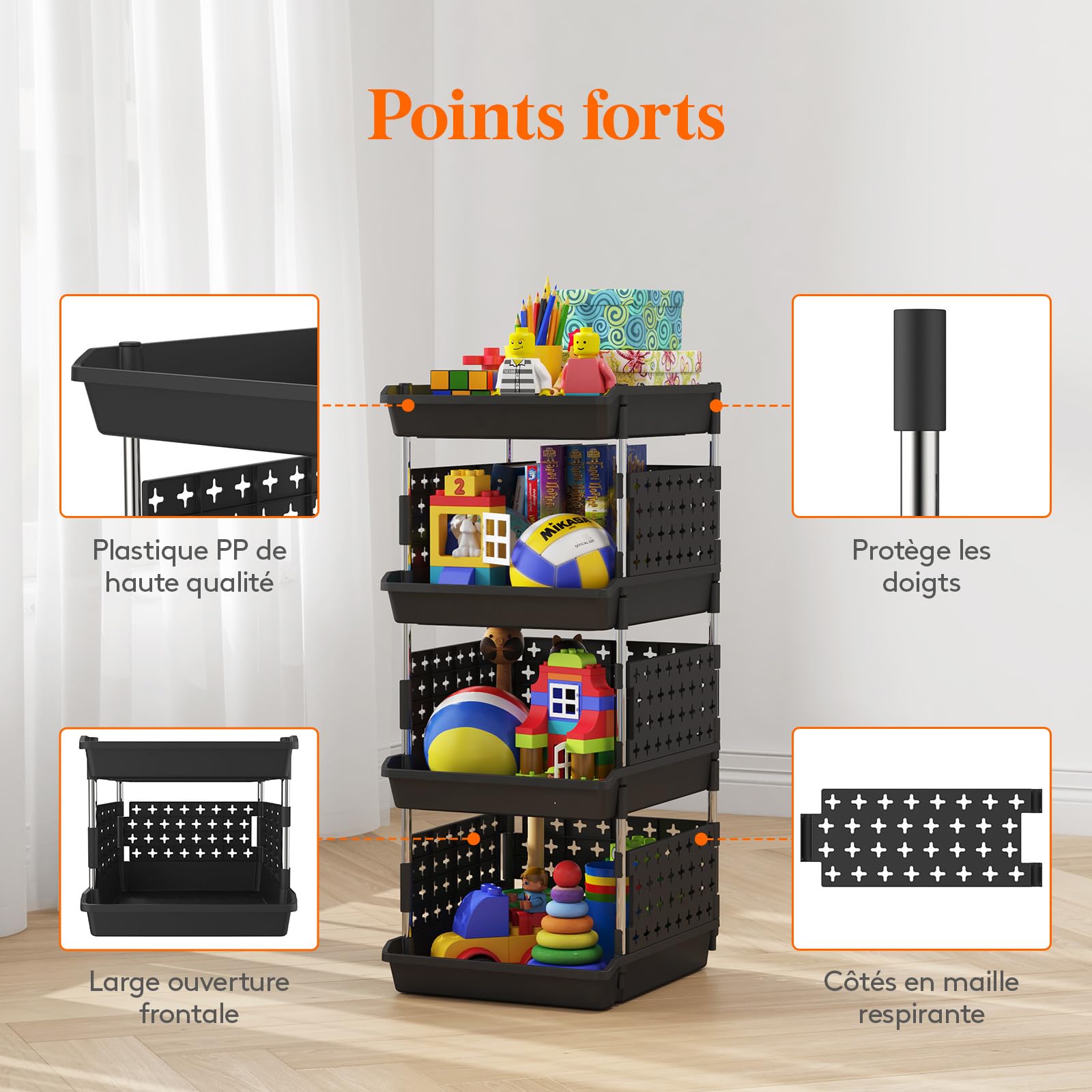 Lifewit Bacs de Rangement Empilables, Panier Coulissant en Plastique à Niveaux pour Dressing, Armoire, Cuisine, Rangement de Placard, 35 x 30 x 72 cm, Noir, 4 Niveaux