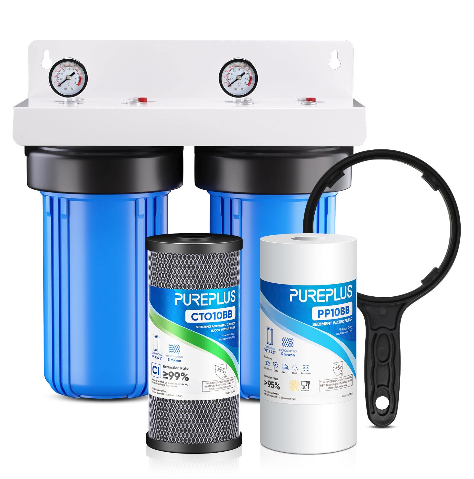 PUREPLUS Sistema de filtración de agua para toda la casa de 10 x 4.5 pulgadas, con sedimentos, filtro de bloque de carbono, reduce el sabor, el olor, entrada/salida de 1 pulgada