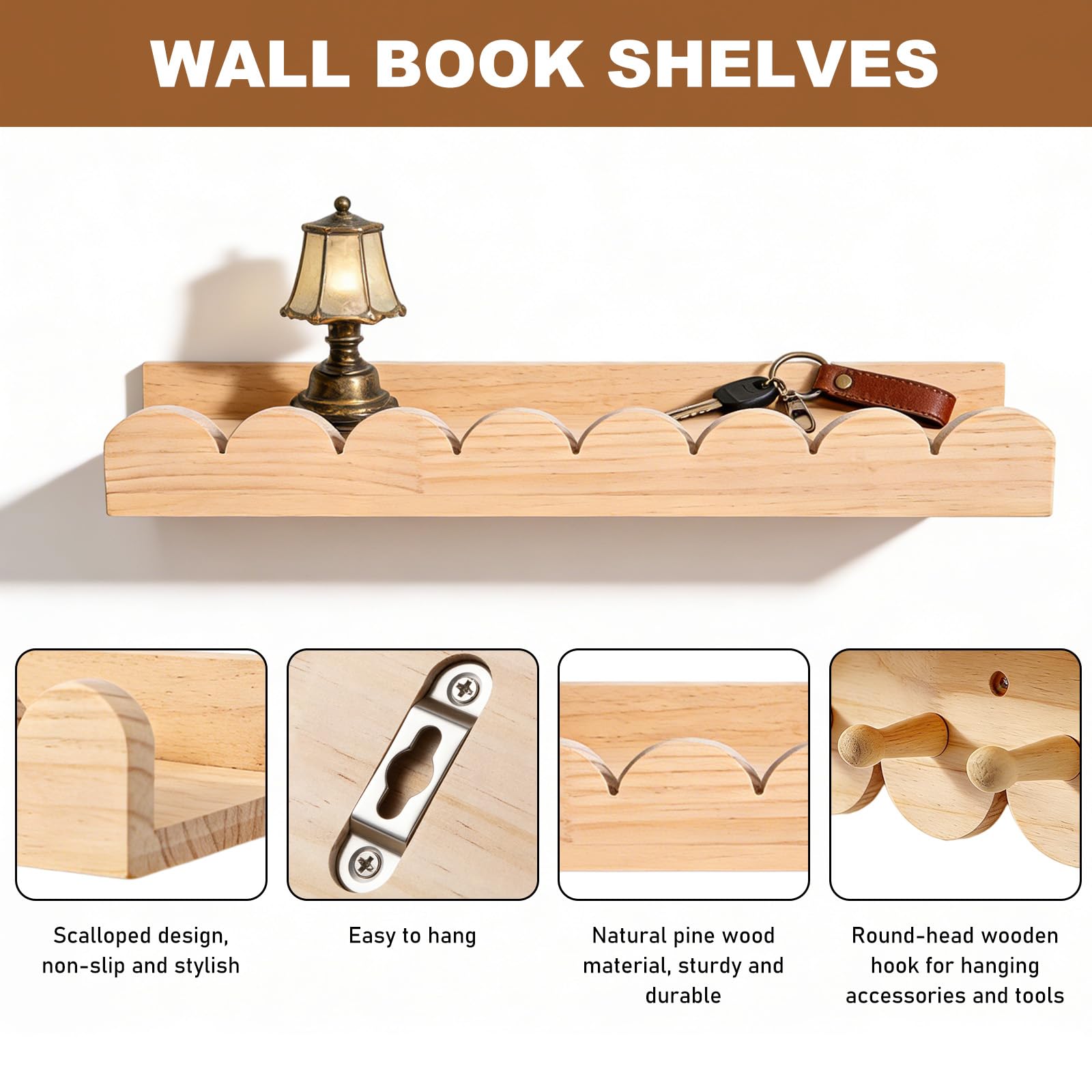 GBKDQQ Juego de 3 estanterías infantiles de pared, 40 cm, estantería de pared para habitación infantil con ganchos de madera, estantería flotante para libros y juguetes, estantería Montessori (color