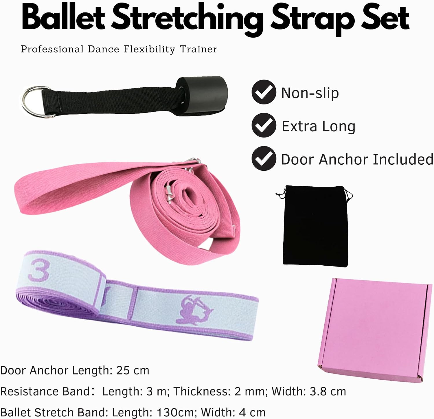 Danzcue Ballet Stretch Strap Set – Professional Dance Flexibility Trainer with Door Anchor, Extra Long Non-Slip Stretching Bands for Ballet, Jazz, Contemporary & Gymnastics