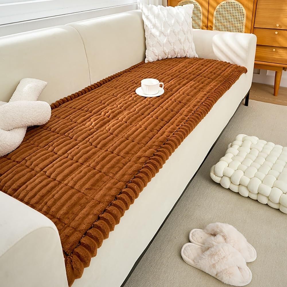 RAKKYOFD Soft Corduroy Sectional Sofa Cover 1 Piece Striped Couch Cover Super Washable Non Slip Sofa Slipcover Furniture Protector for Kid Dog Pet,(Rust Orange,35"x35")