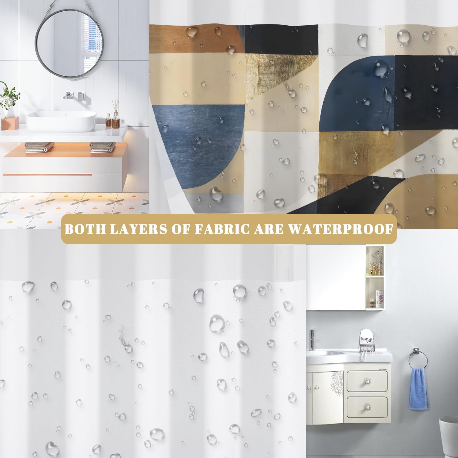 No Hook Shower Curtain with Snap in Liner - Abstract Geometric Print Fabric Bath Curtain with See Through Top, Waterproof Double Layer for Modern Minimalist Bathroom Decor, 71W x 74H