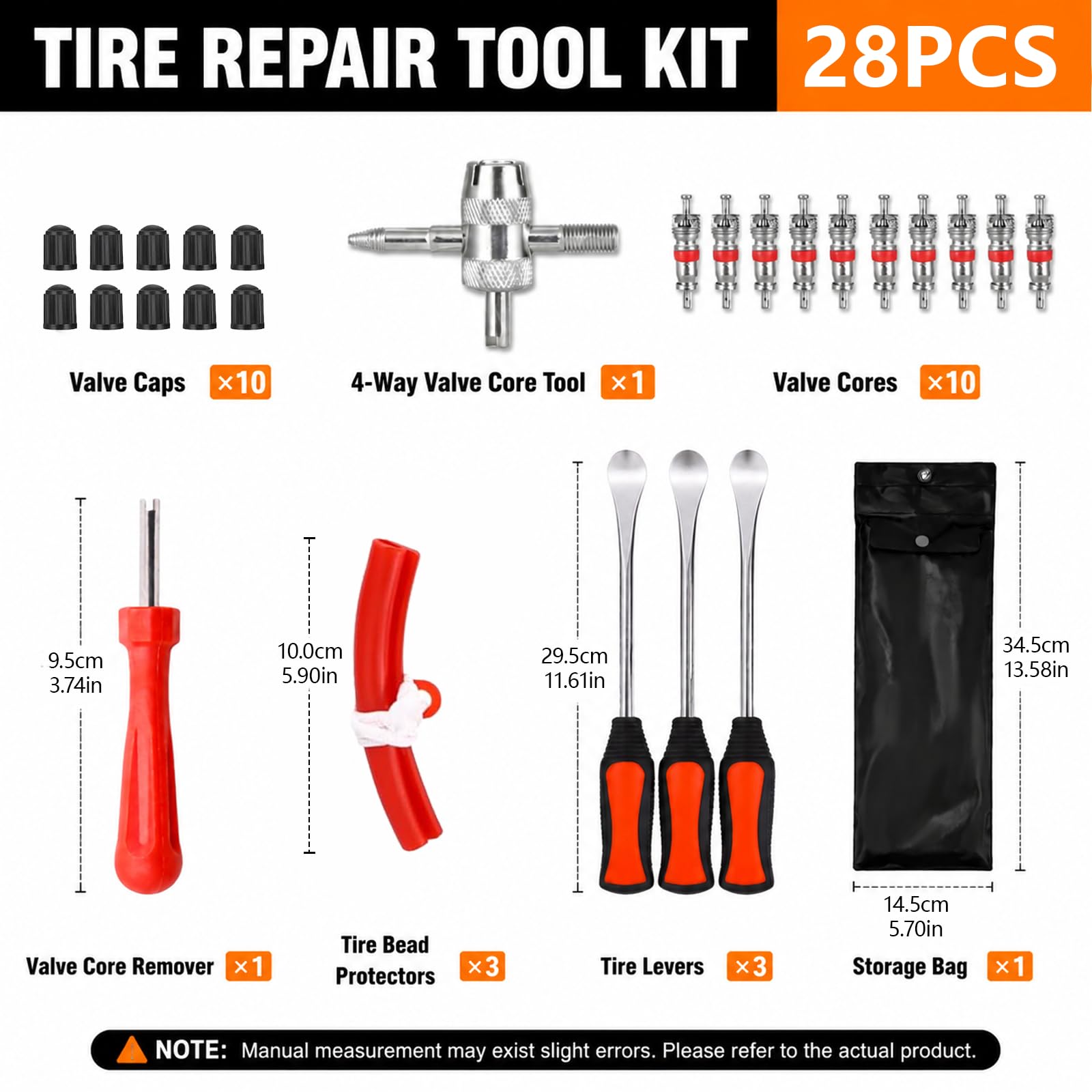 28pcs Desmontadora de Neumaticos Moto, Palancas para Desmontar Neumaticos con 3 Ruedas Protectores de Llanta, Herramientas de Extracción de Válvula para Motocicleta, Bicicleta, Carro Neumático