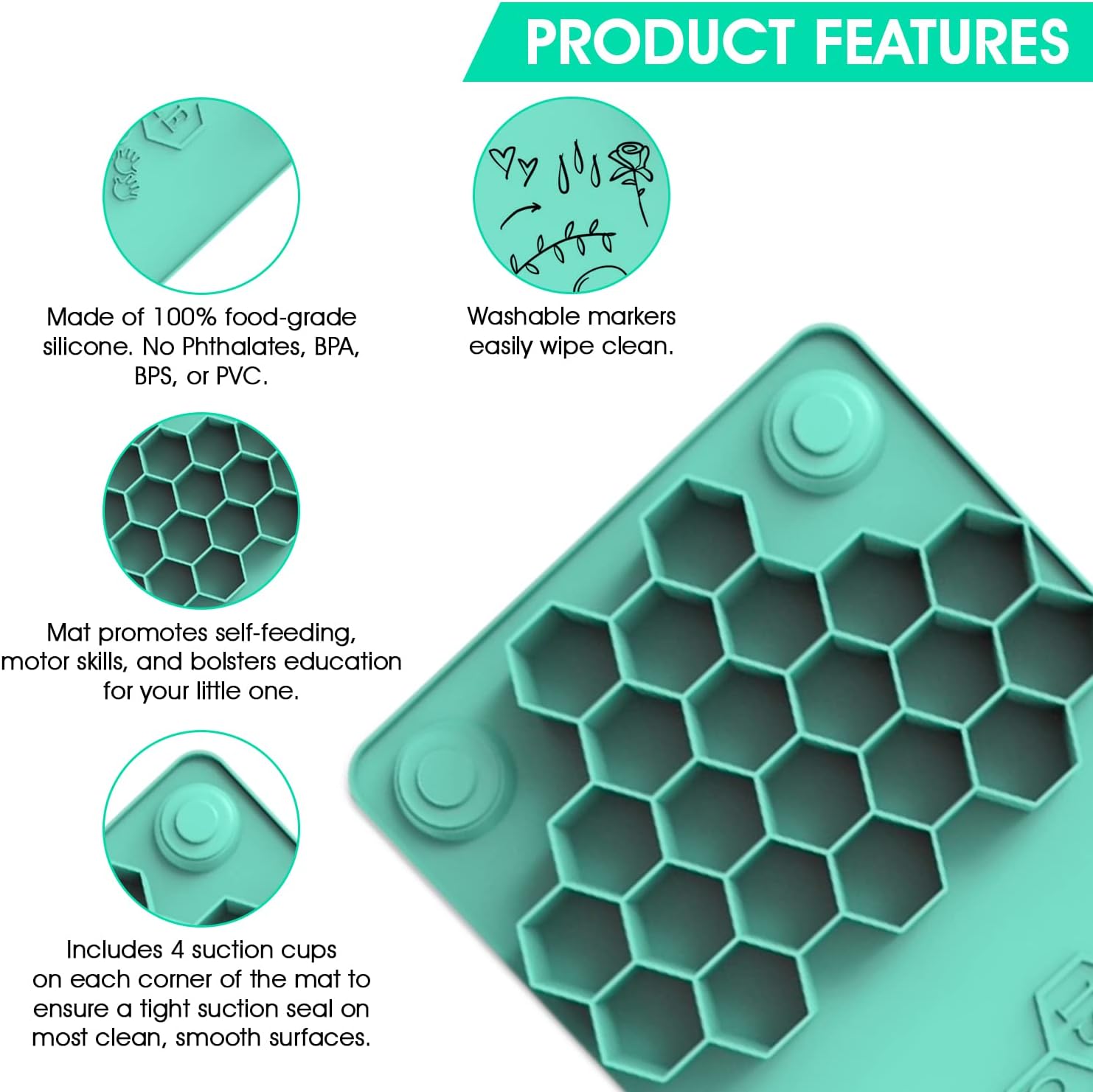 Pincer Pal 100% Silicone Baby Placemat with 4 Suctions for Infants + Toddlers - Baby Led Weaning Toddler self-Feeding - for Highchair, Dining Table and Travel