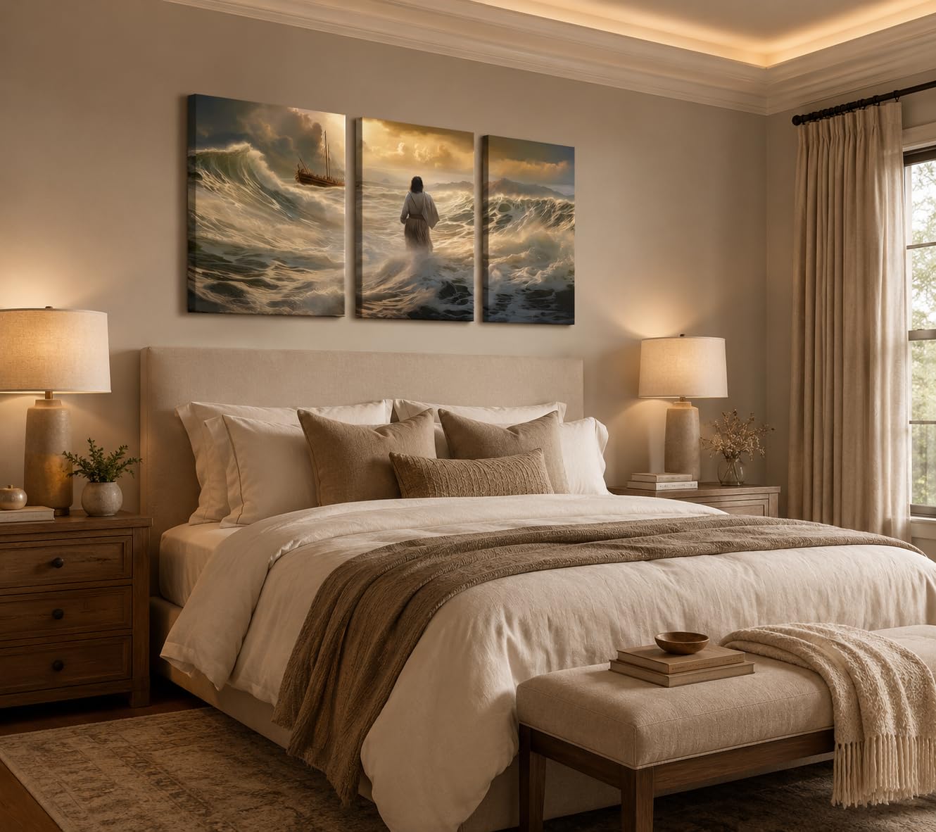 3 lienzos de Jesús caminando sobre el agua, arte de pared con historias bíblicas cristianas, cuadro decorativo para pared, espíritu religioso, fe, póster impreso para sala de estar, dormitorio,