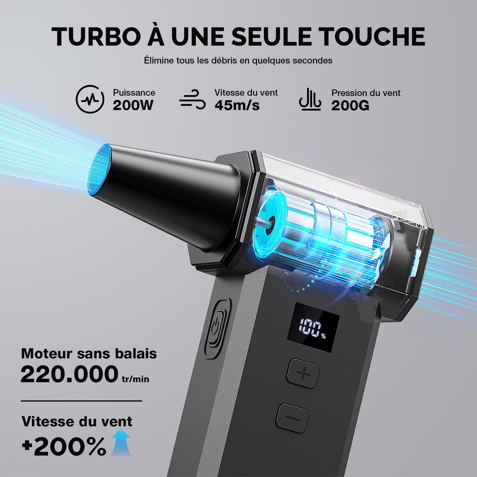 MECO ELEVERDE Souffleur Air Comprimé, 220.000 TR/Min, 100 vitesses et Affichage LED Mini Soufflette Sans fil Puissant avec Batterie 8000mAh, Bombe Air Sec pour Nettoyage PC, Voiture, Clavier, Maison