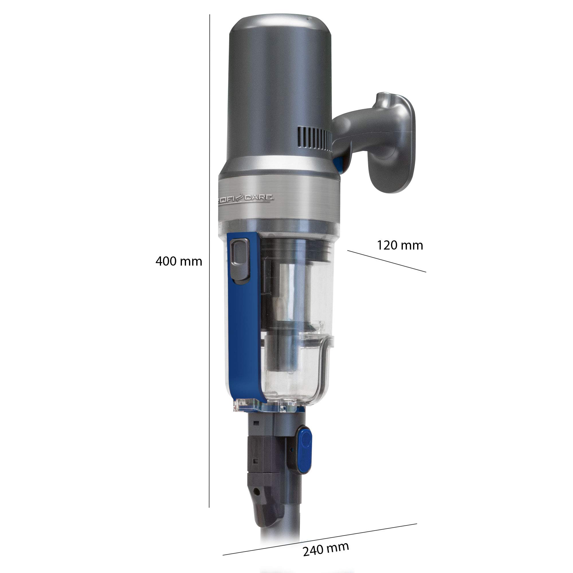 ProfiCare PC-BS 3085 A Akku Bodenstaubsauger, Eco-Cyclon-Twin-Spin Akku-Sauger mit 25,9 V Lithium-Ionen-Akku (2200 mAh), Inkl. flexiblem und dehnbarem Saugschlauch, anthrazit-blau