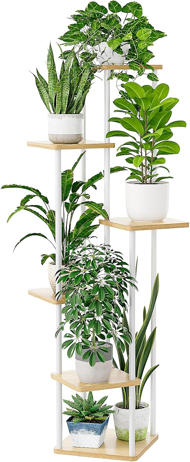 Bamworld White Plant Stand Indoor 6 Tier Metal Plant Shelf for Multiple Plants Tall Flower Stand for Patio Garden Balcony Living Room Bedroom