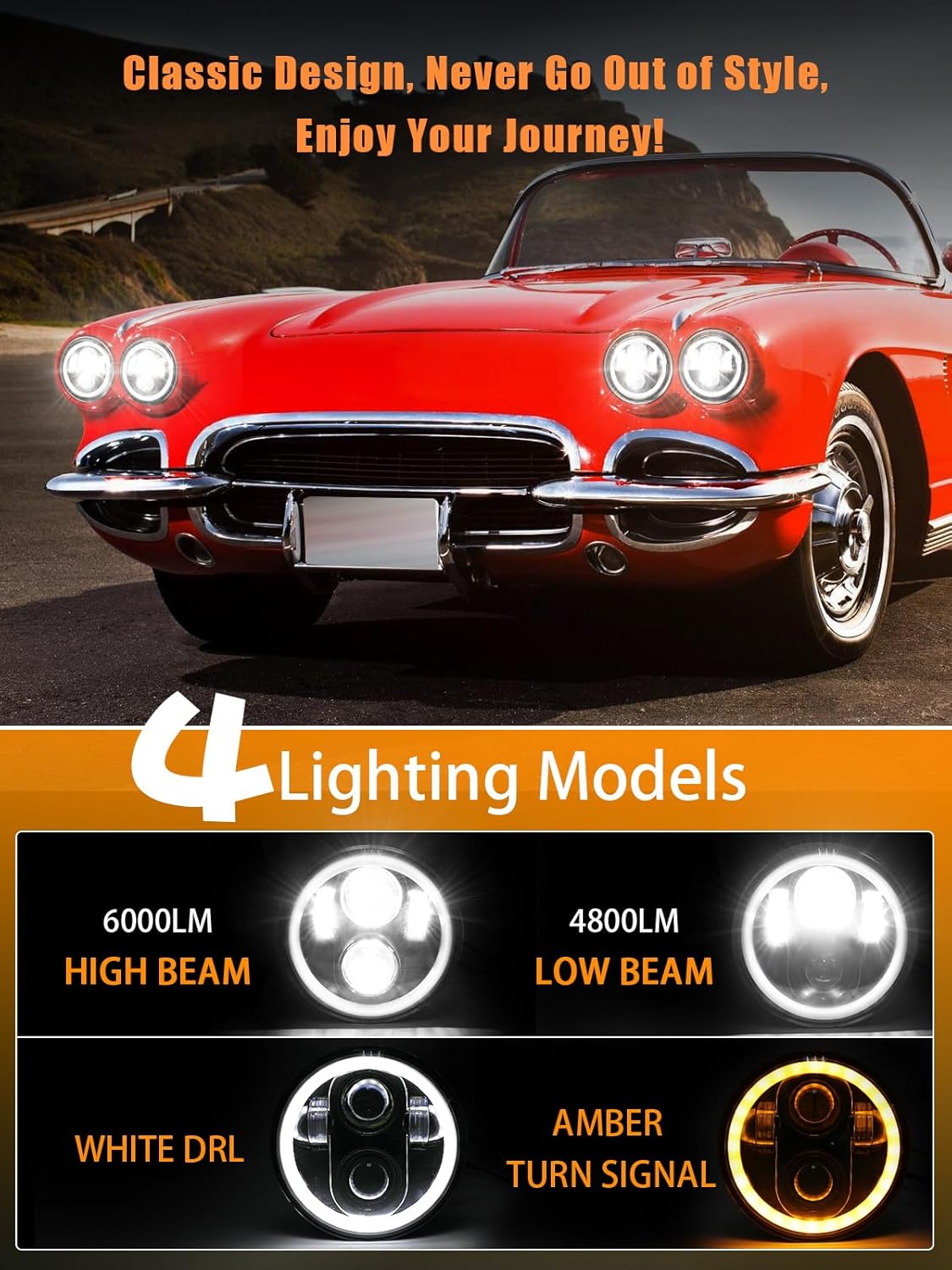 4pcs 5 3/4" 5.75 LED Headlights with High Low Beam Amber turn signal White DRL, 5 3/4 led headlight Halo Ring