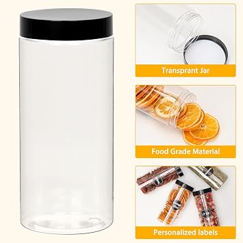 500ml Plastic Canning Jars with Black Lids, 16 Pack Plastic Food Storage Jars for Spice Dry Food Snack, Bean,1 Pen and 40 PCS Labels Kitchen Pantry Storage Jar