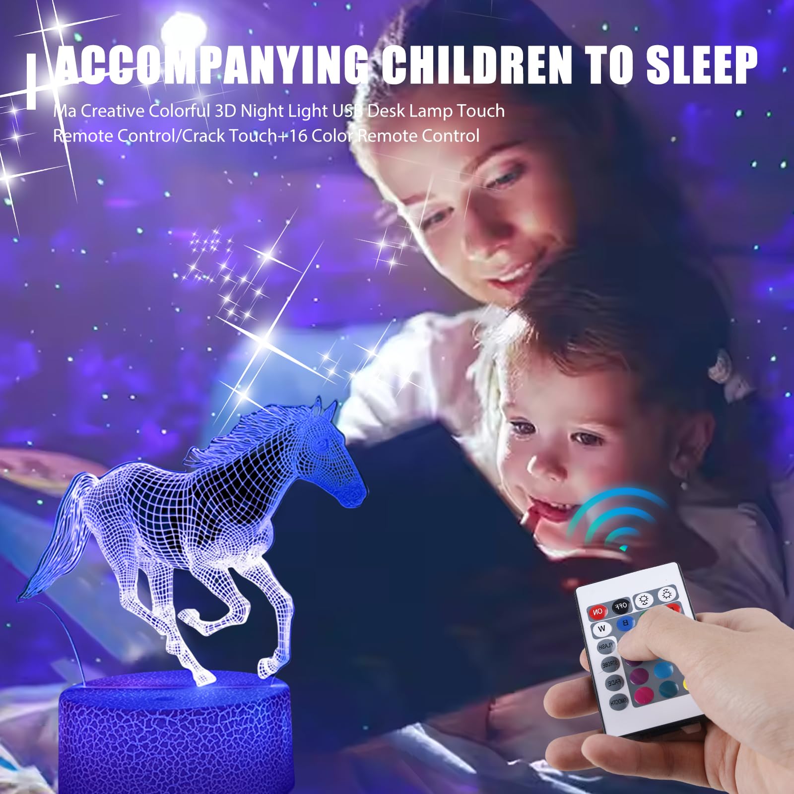 Gemi Lampada Cavallo, Lampada 3D Cavallo Bambini con Telecomando+Touch 16 Variazioni di Colore, Luci Notturne Cavallos LED Decorazione Casa, Natale Festa Compleanno Regali Bambino 6 7 8 9 10 11 Anni