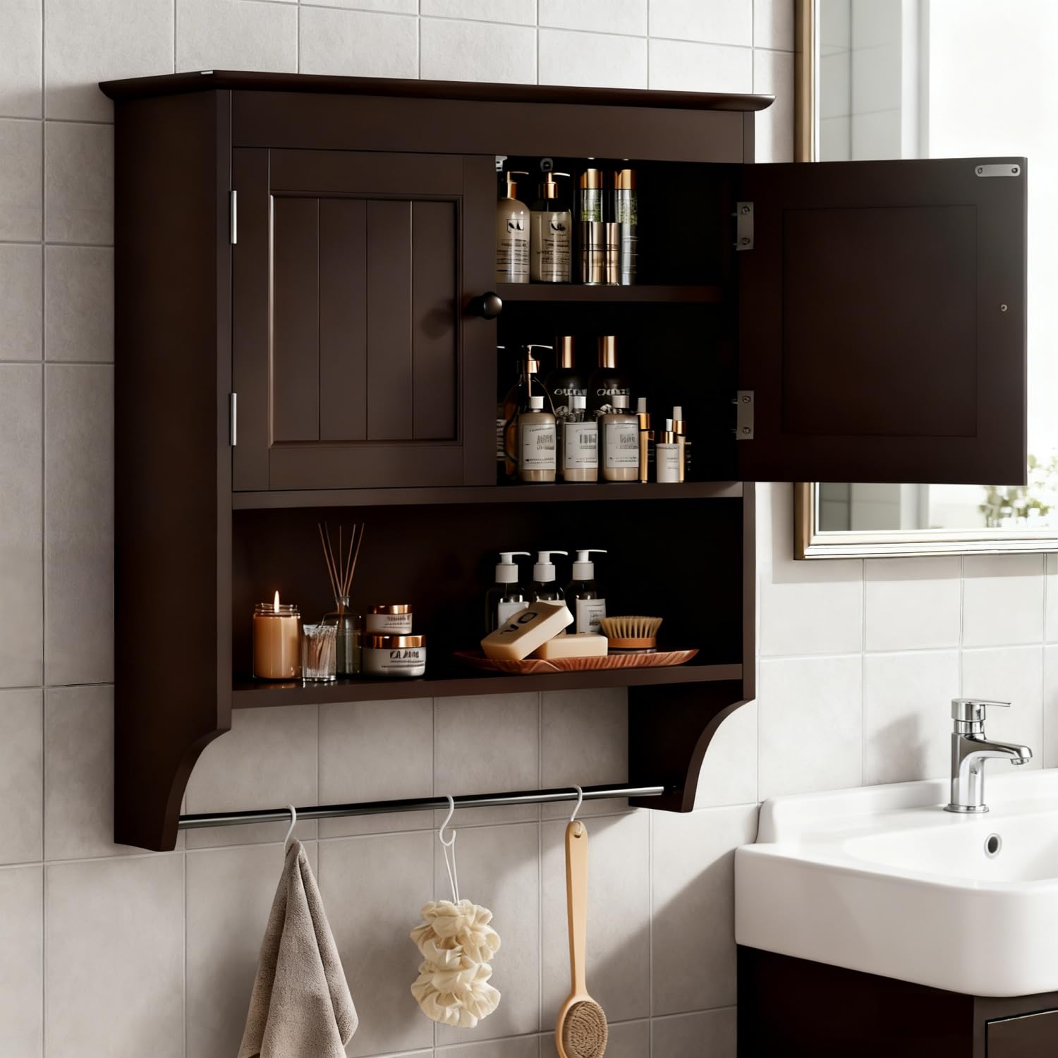 Gabinete de pared de baño Bealife blanco con estantes y barra de toallas