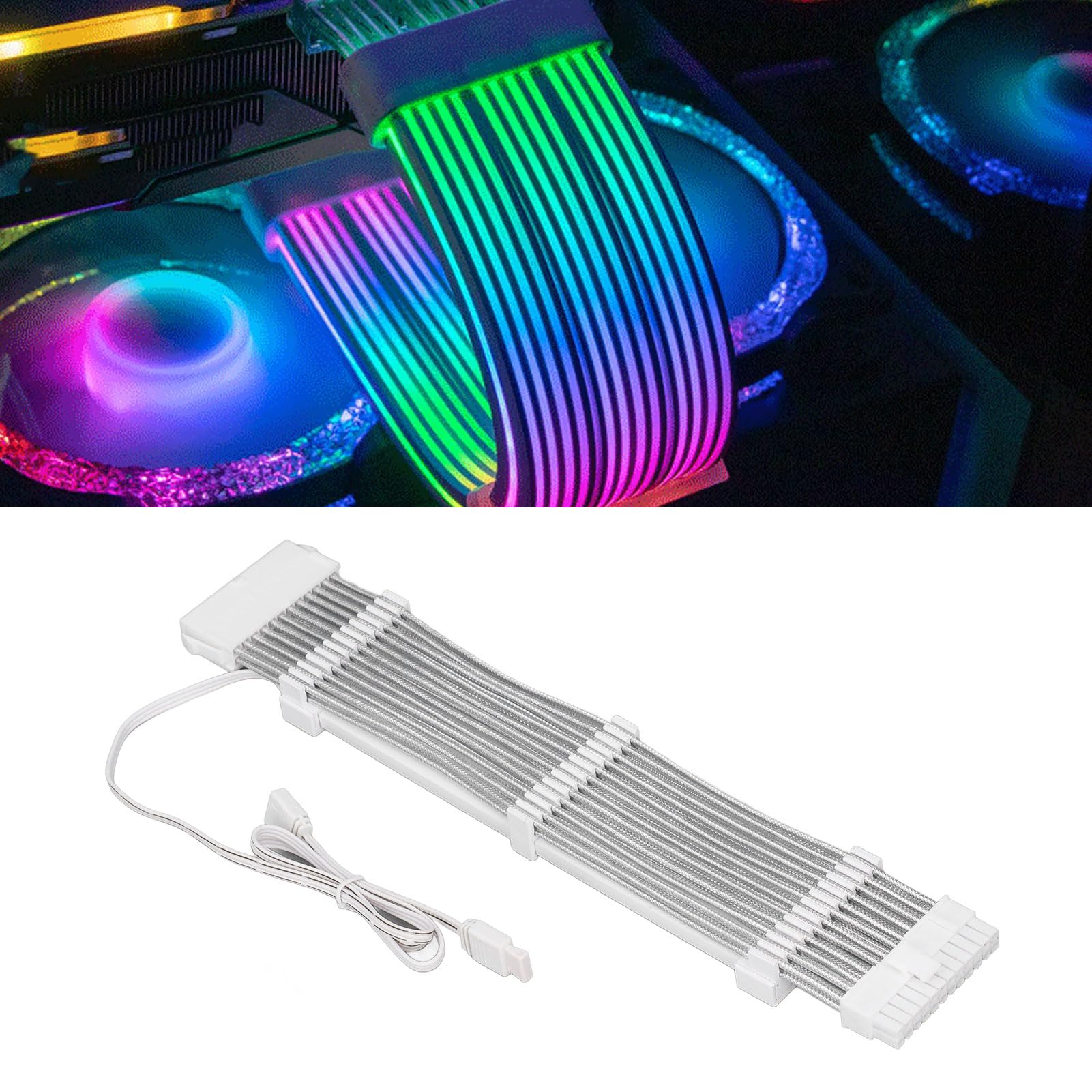 ciciglow ARGB-Stromverlängerungskabel, 18 AWG, 24 PIN auf 24 PIN, 4-seitig Beleuchtet, Flexibles ARGB-buntes, Synchronisiertes, Ummanteltes Kabel, Unterstützt 5 V 3 PIN-Schnittstelle