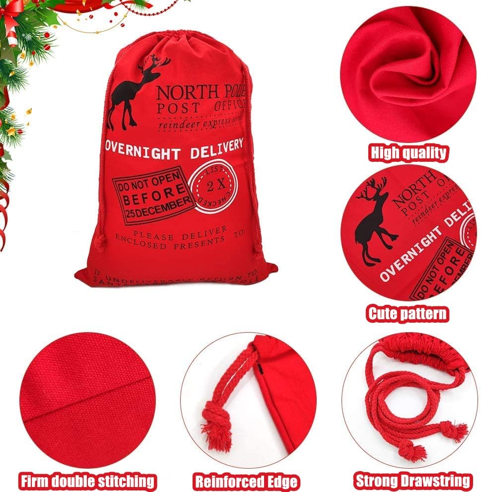 KAHEIGN 3Pcs Christmas Bag Large Santa Sack Canvas Bag with Drawstrings - 3 Colors Christmas Overnight Delivery Gift Bags Extra Large Size 70 x 50cm