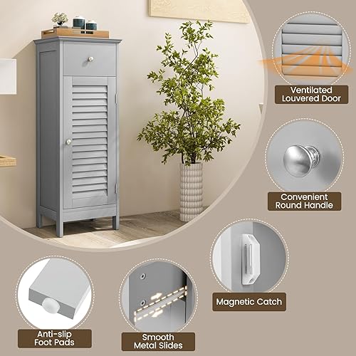 Miniatura 6 de COSTWAY Gabinete de almacenamiento de baño, organizador de almacenamiento delgado de una sola puerta con cajón y estante ajustable, gabinete de piso