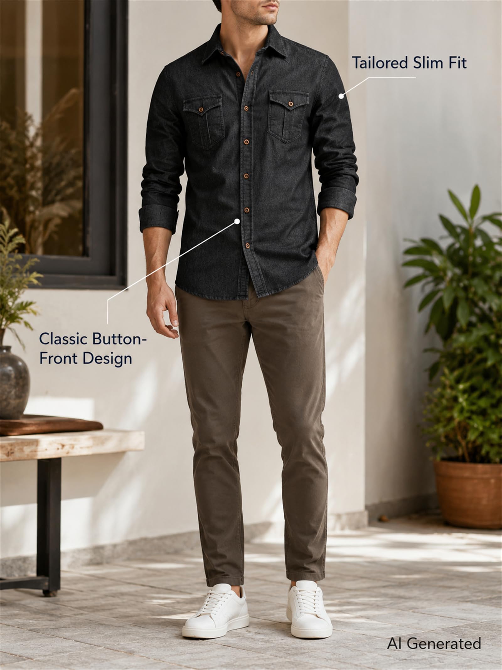 Camicia casual da uomo in denim, a maniche lunghe, con bottoni, vestibilità