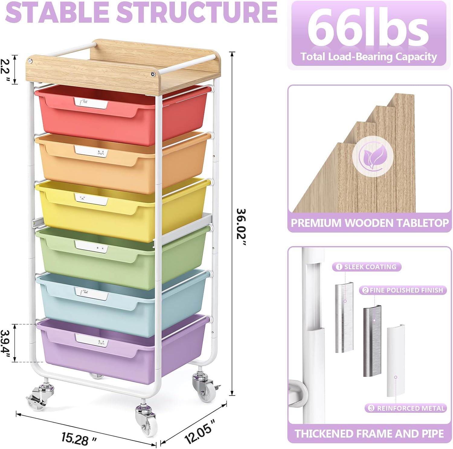 SYKIARIOL Rolling Cart with 6 Drawers, Utility Storage Cart with Labeling Jelly Bean Color Drawer for Classroom, Kids Room, Dorm, School, Storage Study Arts Craft Sewing Supplies Organizers