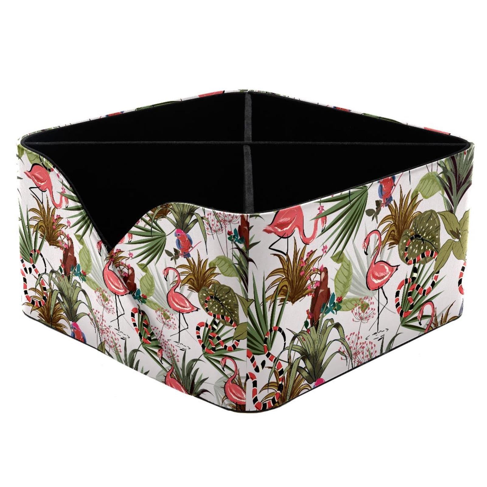 KengjuTesu Tropical Palm Leaves Flamingos Snake Flowers Pattern Desktop Organizer Pen Holder, Rectangular Pencil Cup for Office, Study and Makeup Stations