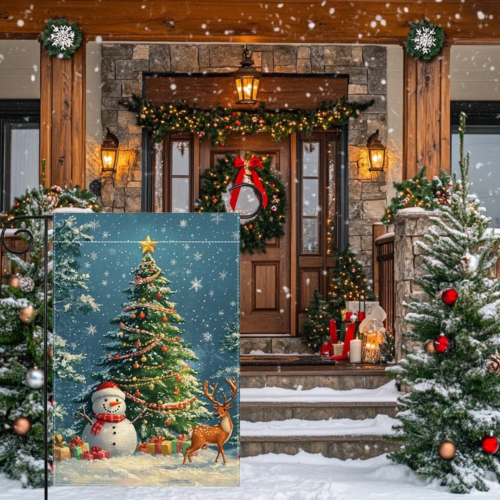 Winter Snowman Snowflake Garden Flag 12x18 Inch Double Sided Reindeer Christmas Tree Yard Outdoor Flag House Holiday Outside Decoration - Image 2