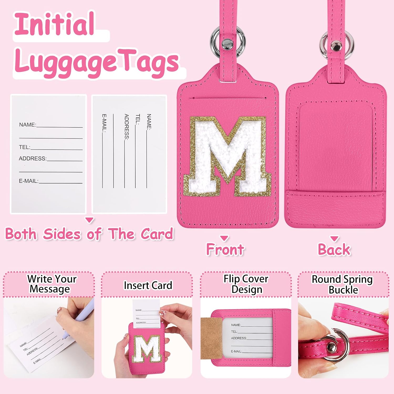 Personalized Initial Luggage Tags for Suitcases, Cute PU Leather Travel Letter Luggage Tags,Suitcase Identifier Name Baggage Tag,Bag Tags for Men Women Kids Luggage Handbags(Rosered-White M) image 3