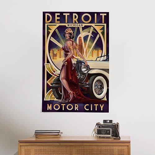 Miniatura 2 de Lantern Press Decoración de pared con impresión giclée de 24 x 36 pulgadas, Detroit, Michigan, Deco Woman and Car