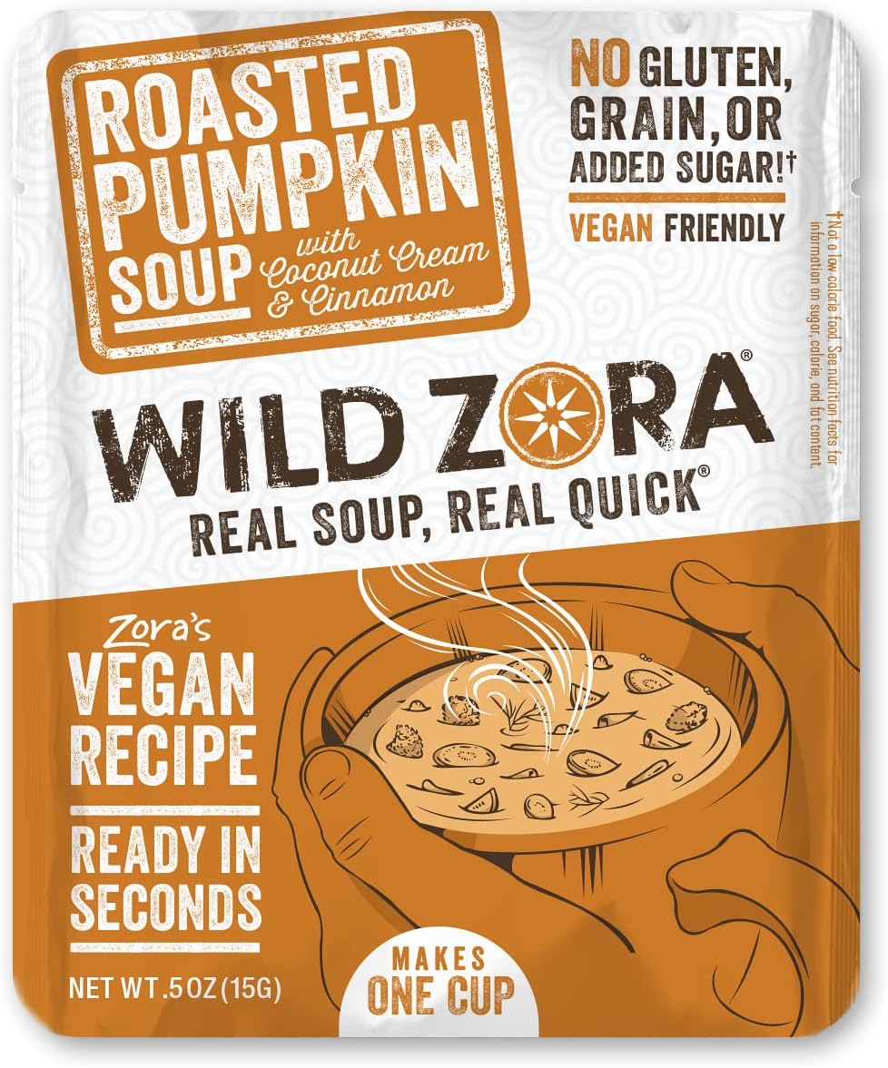 Wild Zora Instant Keto-Friendly Soups Roasted Pumpkin 8-pack Broth Made with Coconut cream, Cinnamon, & Organic Vegetables, Gluten-Free, Low Carb, No Added Sugar, Flavorful Pantry Staples - 0.5oz/13g
