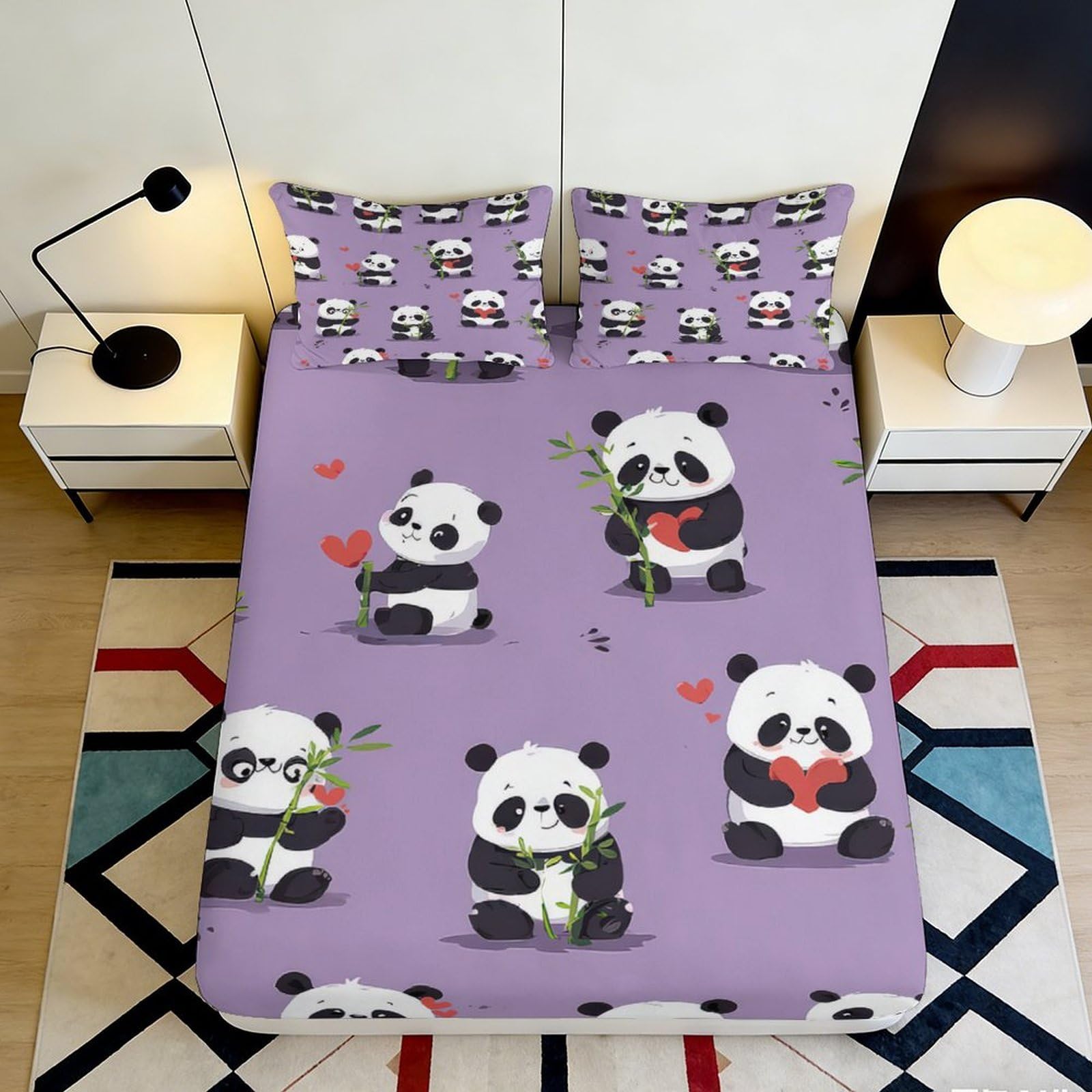 3D Printed Cute Panda Fitted Sheet Microfiber Purple Cartoon Animal Mattress Cover for Bedroom Guest Room Dorm Decor 90x200x25cm