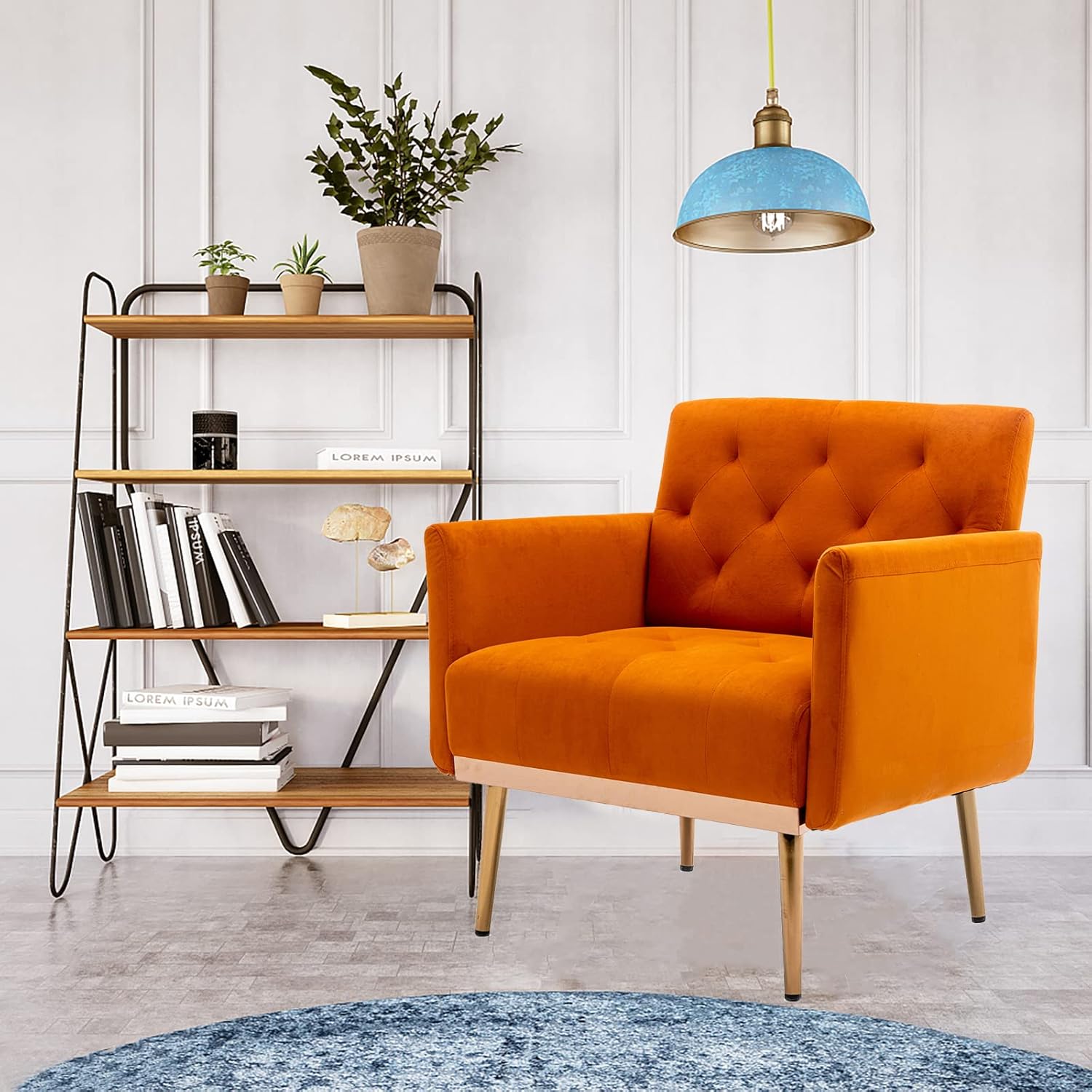 Modern Velvet Accent Chairs, Living Room, Bedroom Leisure Single Sofa Chair (with Gold Metal feet), TV armrest seat, Suitable for Small Space Home, Office, Coffee Chair (Orange)
