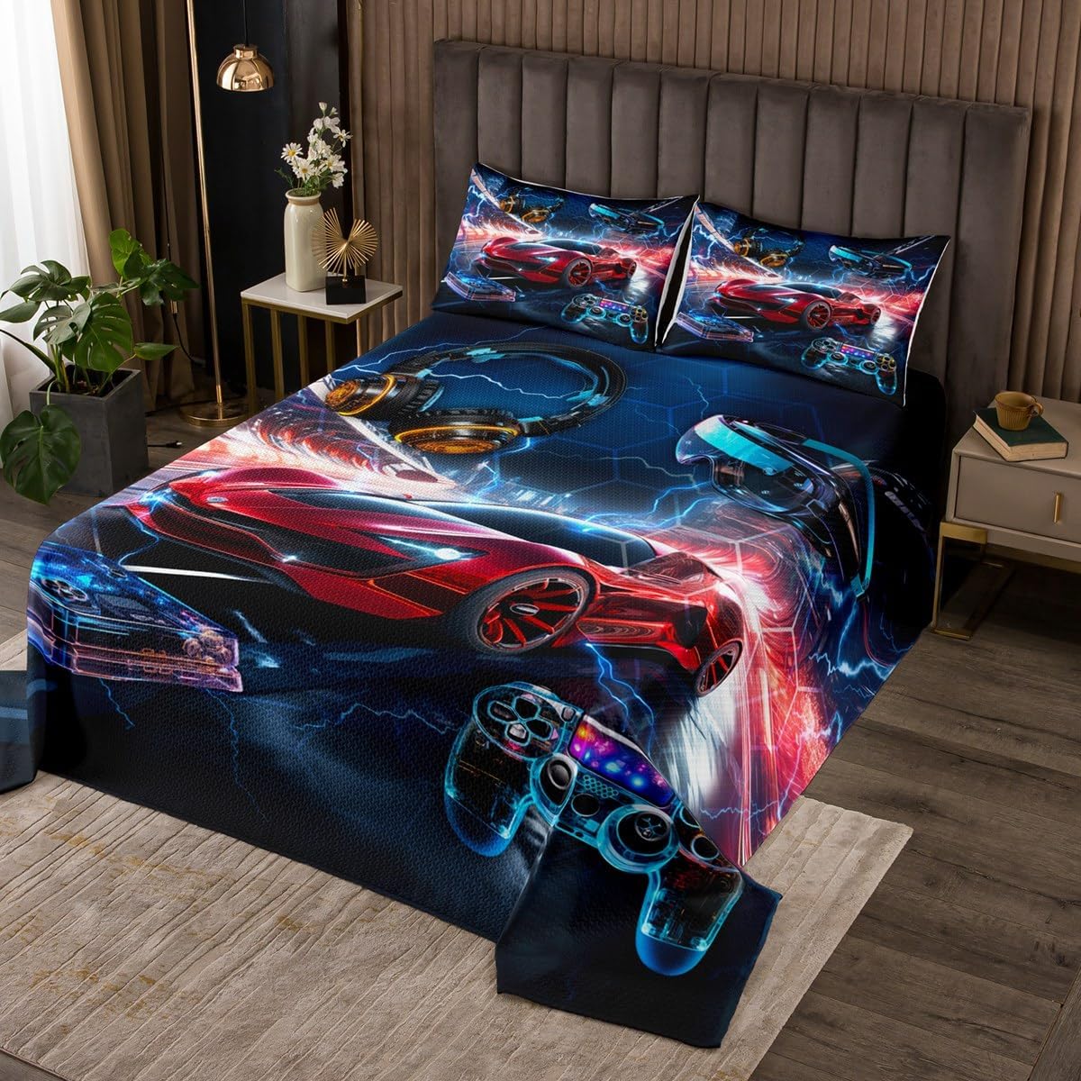 Manfei Race Car Kids Bedspread King Size,Gaming Gamepad Video Games Honeycomb Coverlet Set,Girls Boys Room Decor,Headset Lightning Gamers Quilted Coverlet,Red Blue Fashion Bedding Quilt,2 Pillowcases