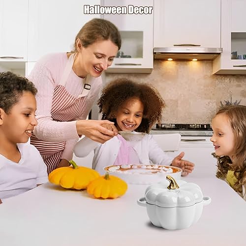 Miniatura 5 de Lindo cuenco, cuenco de cerámica de calabaza con tapa, apto para microondas y lavavajillas, postre o sopa con asa, vajilla decorativa para Acción de