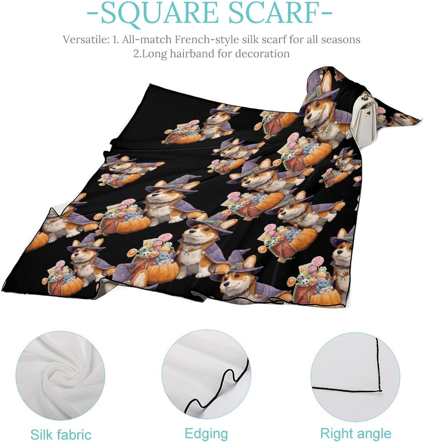 Witch Corgi Dog Bandana Fashion Head Scarf Square Silk Scarf Print Neck Hair Scarfs for Women Men Gifts