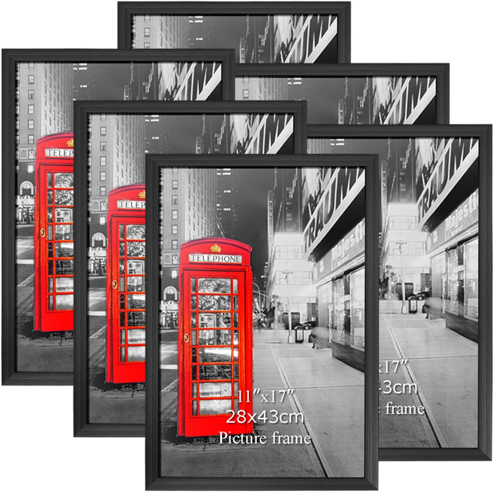 11x17 Black Picture Frame Set of 6, Made to Display 11 by 17 Inch Poster Photos without Mat for Wall Frames