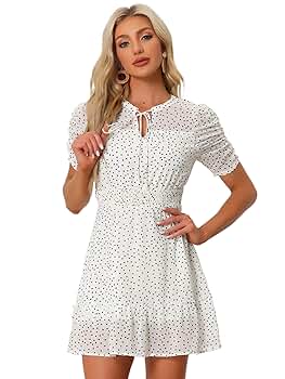Allegra K Women's Polka dots Dress Sheer Sleeves Bow Tie